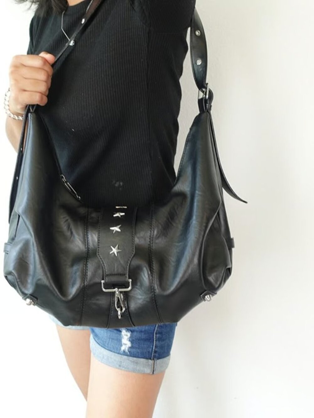 BLACK Y2K Star Studded Hobo Shoulder Bag Ivory White Slouchy Vegan Leather Purse